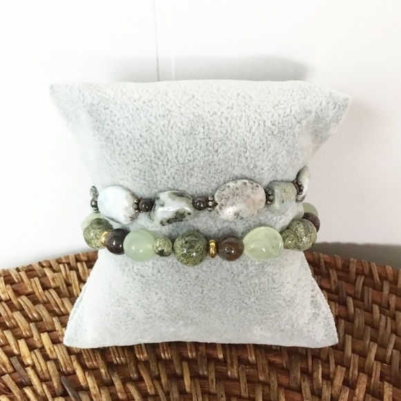 Jewelry - Jade Stone Bracelet Lot Of 2 Green Blue Brown Gold